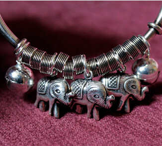 Thailand 3 Baby Elephants With two Bells 925 Silver Open Bracelet Thailand 3 Baby Elephants With two Bells 925 Silver Open Bracelet