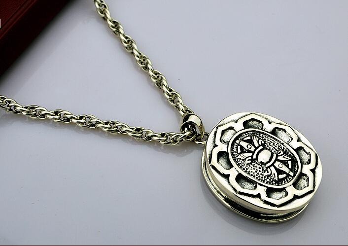 Lotus Carving 925 Silver Ellipse Shaped Mantra Vajra Gau Box Pendant With No Chain Lotus Carving 925 Silver Ellipse Shaped Mantra Vajra Gau Box Pendant With No Chain