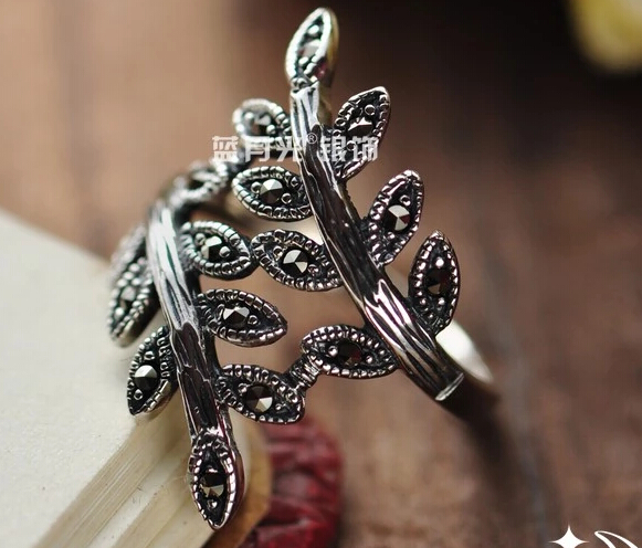 S925 Vintage Tree Branch Leaves Ring With Marcasite S925 Vintage Tree Branch Leaves Ring With Marcasite