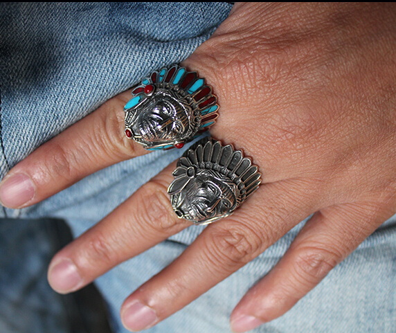 Indian Style Chiefs 925 Silver Ring With Turquoise Coral Indian Style Chiefs 925 Silver Ring With Turquoise Coral
