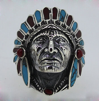 Indian Style Chiefs 925 Silver Ring With Turquoise Coral Indian Style Chiefs 925 Silver Ring With Turquoise Coral
