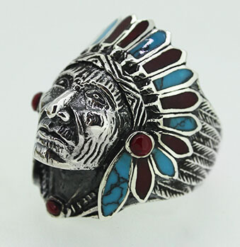 Indian Style Chiefs 925 Silver Ring With Turquoise Coral Indian Style Chiefs 925 Silver Ring With Turquoise Coral