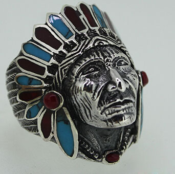 Indian Style Chiefs 925 Silver Ring With Turquoise Coral Indian Style Chiefs 925 Silver Ring With Turquoise Coral