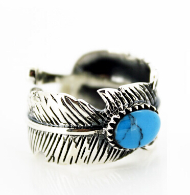 Handmade Indian Feather Ring Inlay Turquoise Thai Silver Men Open Ring Handmade Indian Feather Ring Inlay Turquoise Thai Silver Men Open Ring