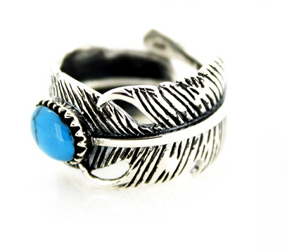 Handmade Indian Feather Ring Inlay Turquoise Thai Silver Men Open Ring Handmade Indian Feather Ring Inlay Turquoise Thai Silver Men Open Ring