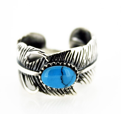 Handmade Indian Feather Ring Inlay Turquoise Thai Silver Men Open Ring Handmade Indian Feather Ring Inlay Turquoise Thai Silver Men Open Ring