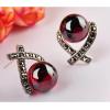 S925 Garnet Or Black Agate Marcasite Shaped Heart Women Earrings