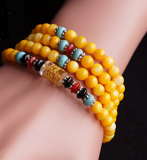 Natural 6MM Yellow Tridacna Om Mani Padme Hum 108 Prayer Beads Layered Bracelet Natural 6MM Yellow Tridacna Om Mani Padme Hum 108 Prayer Beads Layered Bracelet