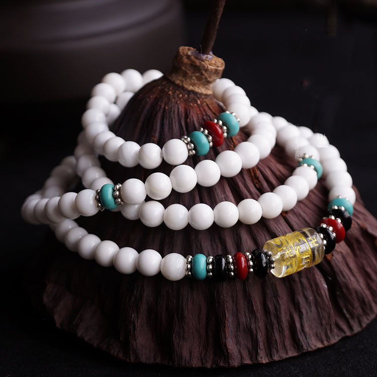 Natural 6MM White Tridacna Om Mani Padme Hum 108 Prayer Beads Layered Bracelet Natural 6MM White Tridacna Om Mani Padme Hum 108 Prayer Beads Layered Bracelet
