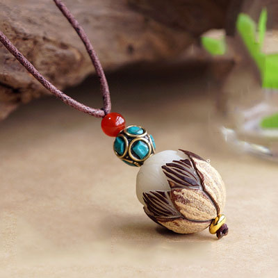 Handmade Exclusive Big Bodhi Seed With Half Peel Lotus Red Agate Turquoise Beads Pendant Necklace Handmade Exclusive Big Bodhi Seed With Half Peel Lotus Red Agate Turquoise Beads Pendant Necklace