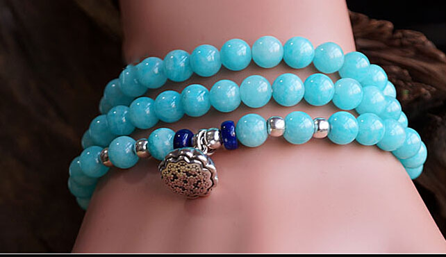 Exclusive 6MM Natural Blue Amazonite Lapis Lazuli Elf Gem 925 Silver Layered Bracelet Exclusive 6MM Natural Blue Amazonite Lapis Lazuli Elf Gem 925 Silver Layered Bracelet