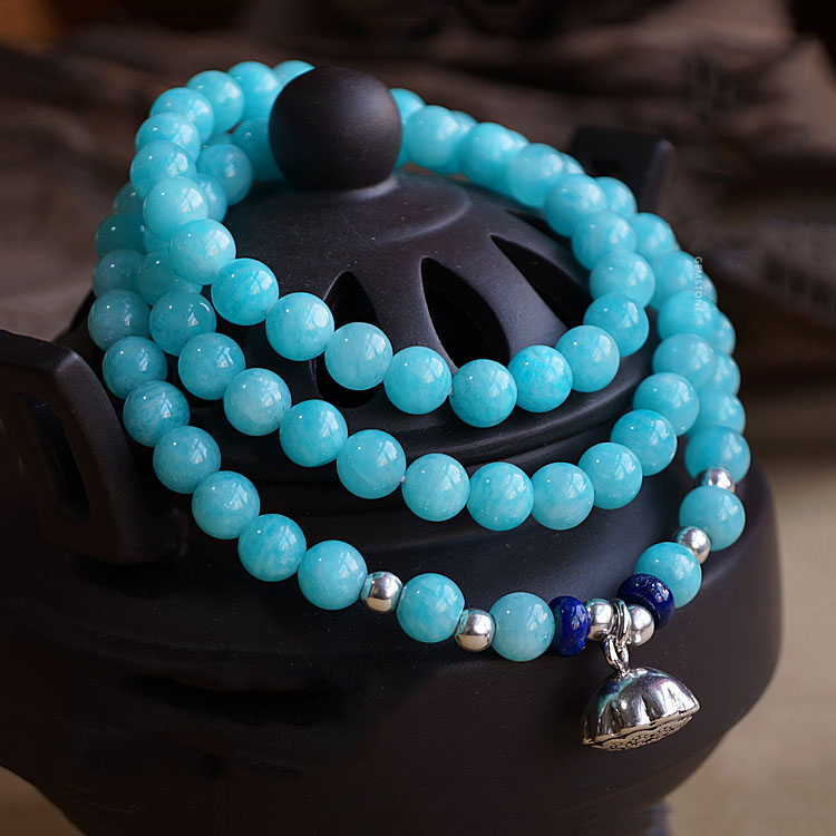 Exclusive 6MM Natural Blue Amazonite Lapis Lazuli Elf Gem 925 Silver Layered Bracelet Exclusive 6MM Natural Blue Amazonite Lapis Lazuli Elf Gem 925 Silver Layered Bracelet