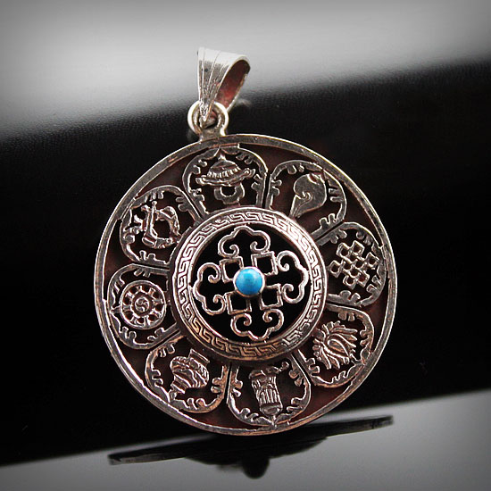 Nepal Fashion Handcraft Carving 925 Silver Eight Auspicious Symbols Hollow Out Round Pendant Nepal Fashion Handcraft Carving 925 Silver Eight Auspicious Symbols Hollow Out Round Pendant