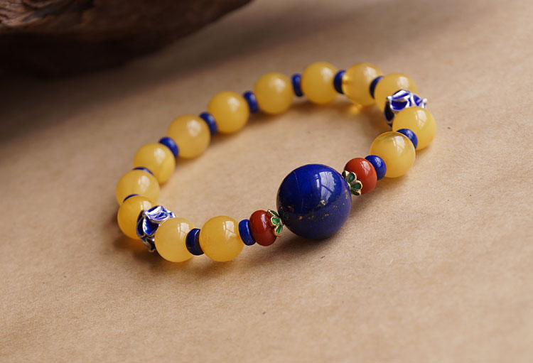 Baltic Sea Natural Amber with Big Lapis lazuli Bead Bracelet Limited Edition Baltic Sea Natural Amber with Big Lapis lazuli Bead Bracelet Limited Edition