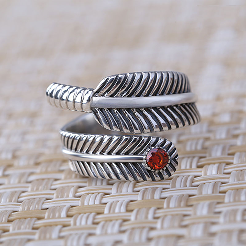 Retro 925 Sterling Silver Feather Opening Ring With Ruby Retro 925 Sterling Silver Feather Opening Ring With Ruby