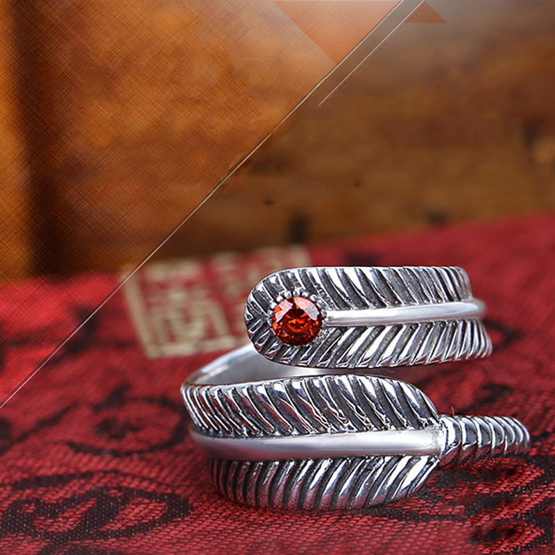 Retro 925 Sterling Silver Feather Opening Ring With Ruby Retro 925 Sterling Silver Feather Opening Ring With Ruby