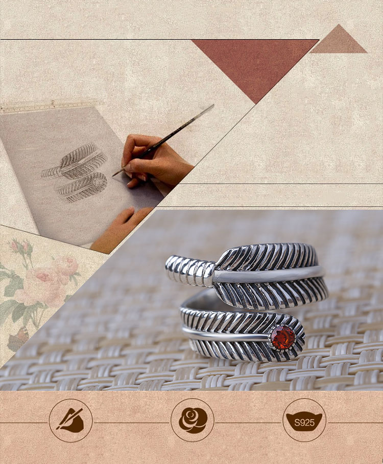 Retro 925 Sterling Silver Feather Opening Ring With Ruby Retro 925 Sterling Silver Feather Opening Ring With Ruby
