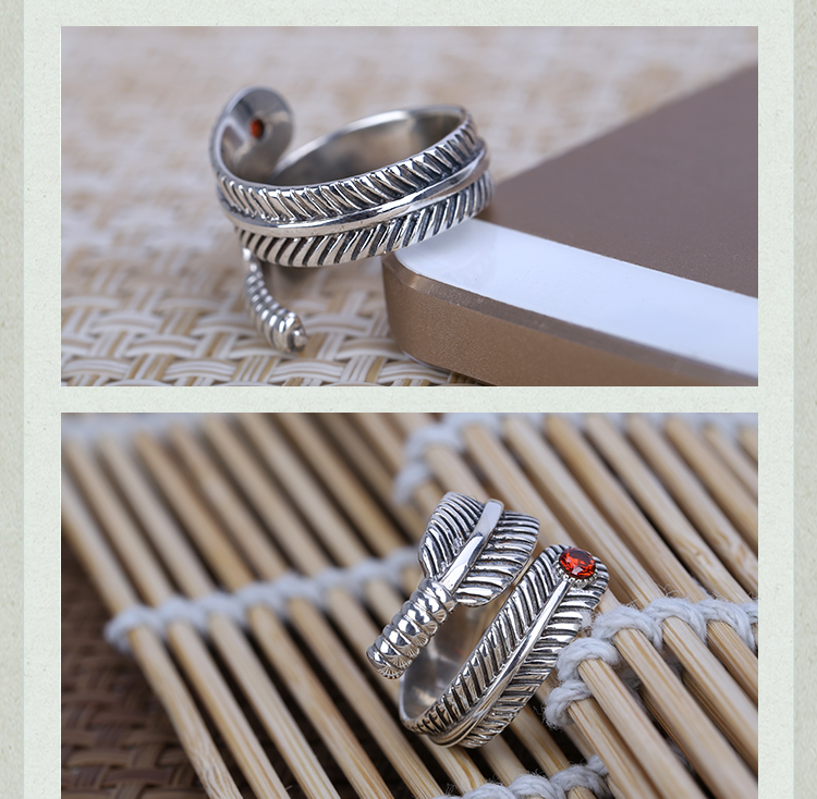 Retro 925 Sterling Silver Feather Opening Ring With Ruby Retro 925 Sterling Silver Feather Opening Ring With Ruby