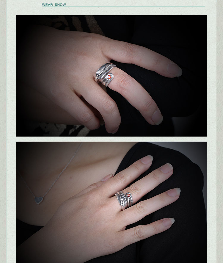 Retro 925 Sterling Silver Feather Opening Ring With Ruby Retro 925 Sterling Silver Feather Opening Ring With Ruby
