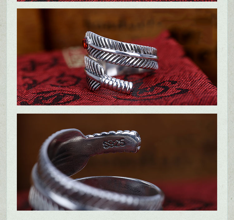 Retro 925 Sterling Silver Feather Opening Ring With Ruby Retro 925 Sterling Silver Feather Opening Ring With Ruby