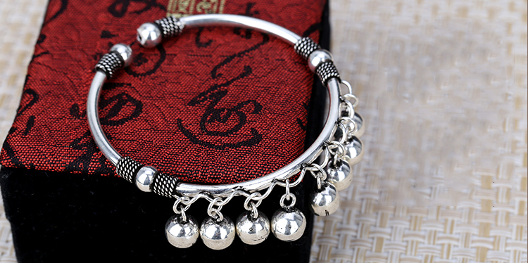 Retro S925 Silver Women Hollow Open Bracelet With Bells Retro S925 Silver Women Hollow Open Bracelet With Bells