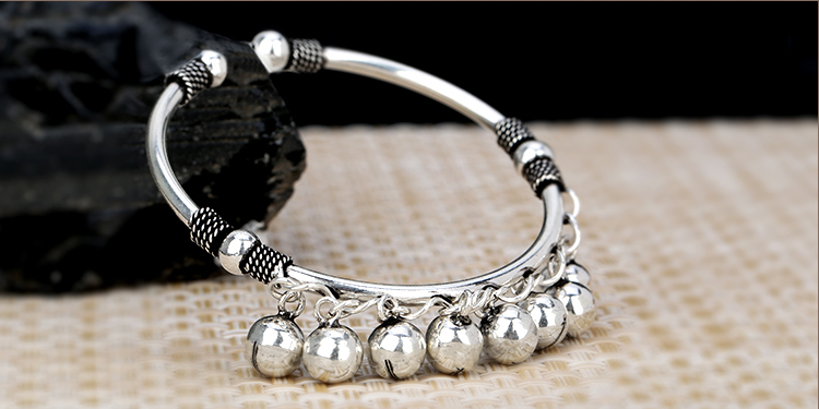 Retro S925 Silver Women Hollow Open Bracelet With Bells Retro S925 Silver Women Hollow Open Bracelet With Bells
