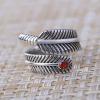 Retro 925 Sterling Silver Feather Opening Ring With Ruby