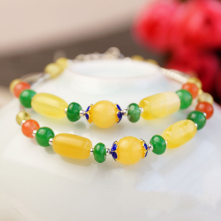 925 Silver Amber Healing Crystal Red Agate Green Emerald Treasure Bracelet 925 Silver Amber Healing Crystal Red Agate Green Emerald Treasure Bracelet