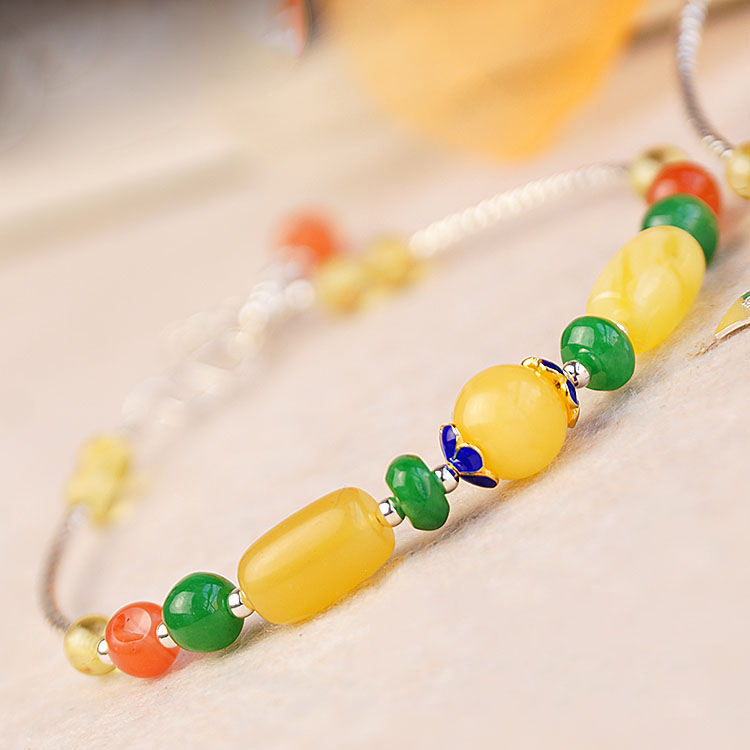 925 Silver Amber Healing Crystal Red Agate Green Emerald Treasure Bracelet 925 Silver Amber Healing Crystal Red Agate Green Emerald Treasure Bracelet