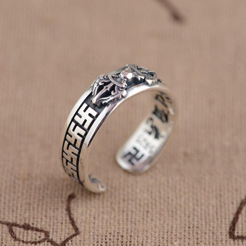 Thai 925 Sterling Silver OM MANI PADME HUM Mantra Srivatsa Vajra Open Ring Thai 925 Sterling Silver OM MANI PADME HUM Mantra Srivatsa Vajra Open Ring