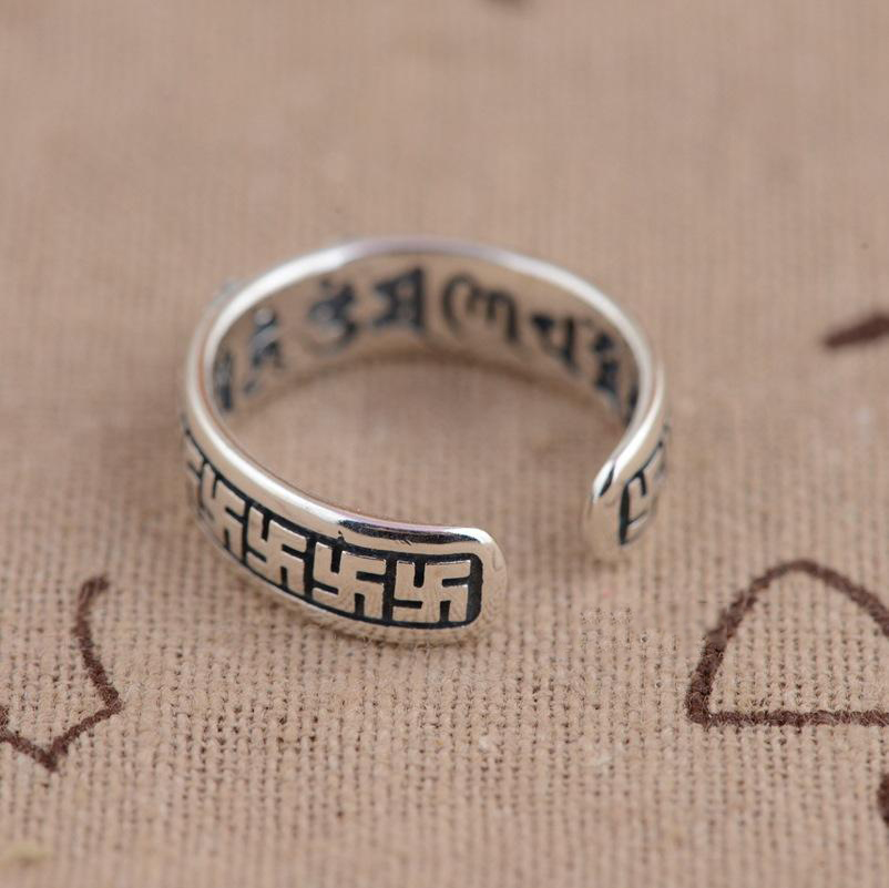 Thai 925 Sterling Silver OM MANI PADME HUM Mantra Srivatsa Vajra Open Ring Thai 925 Sterling Silver OM MANI PADME HUM Mantra Srivatsa Vajra Open Ring