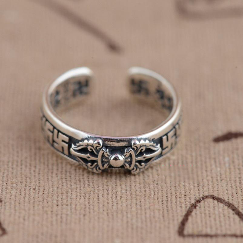 Thai 925 Sterling Silver OM MANI PADME HUM Mantra Srivatsa Vajra Open Ring Thai 925 Sterling Silver OM MANI PADME HUM Mantra Srivatsa Vajra Open Ring