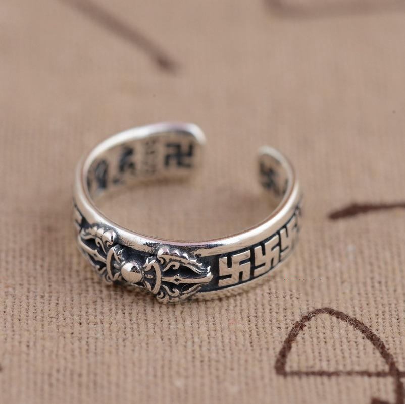Thai 925 Sterling Silver OM MANI PADME HUM Mantra Srivatsa Vajra Open Ring Thai 925 Sterling Silver OM MANI PADME HUM Mantra Srivatsa Vajra Open Ring