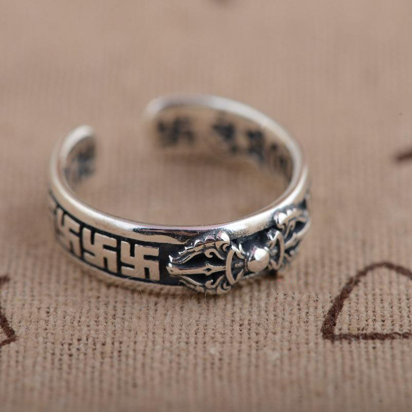 Thai 925 Sterling Silver OM MANI PADME HUM Mantra Srivatsa Vajra Open Ring Thai 925 Sterling Silver OM MANI PADME HUM Mantra Srivatsa Vajra Open Ring