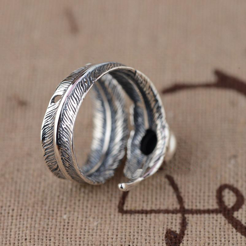 S925 Sterling Silver Agate Inlaid Feather Open Ring S925 Sterling Silver Agate Inlaid Feather Open Ring