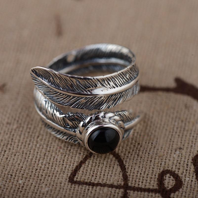 S925 Sterling Silver Agate Inlaid Feather Open Ring S925 Sterling Silver Agate Inlaid Feather Open Ring