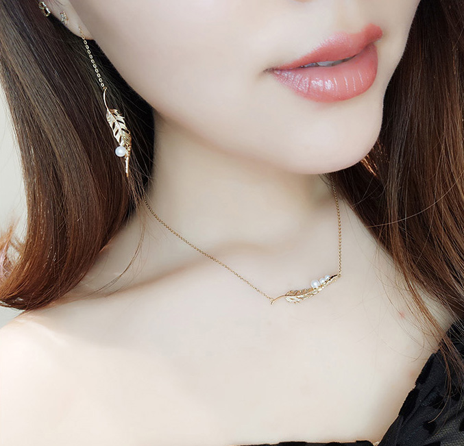 Fashion 925 Silver Gold-plated Pearl Feather Earrings Jewelry Fashion 925 Silver Gold-plated Pearl Feather Earrings Jewelry