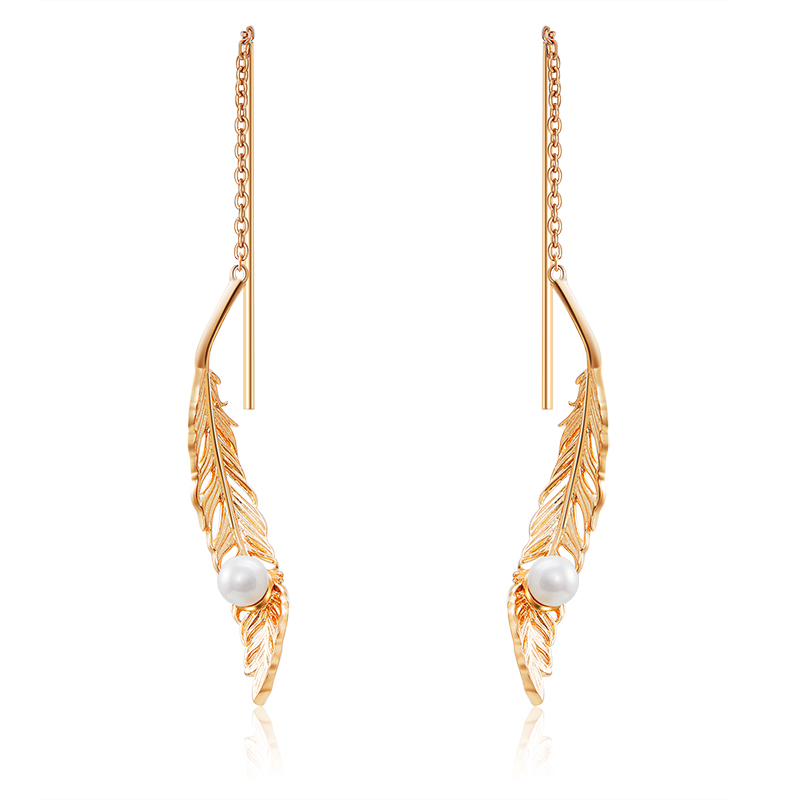 Fashion 925 Silver Gold-plated Pearl Feather Earrings Jewelry Fashion 925 Silver Gold-plated Pearl Feather Earrings Jewelry