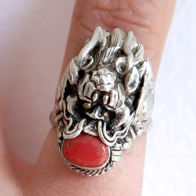 Nepal Handmade 925 Silver Red Coral Dragon Ring Nepal Handmade 925 Silver Red Coral Dragon Ring