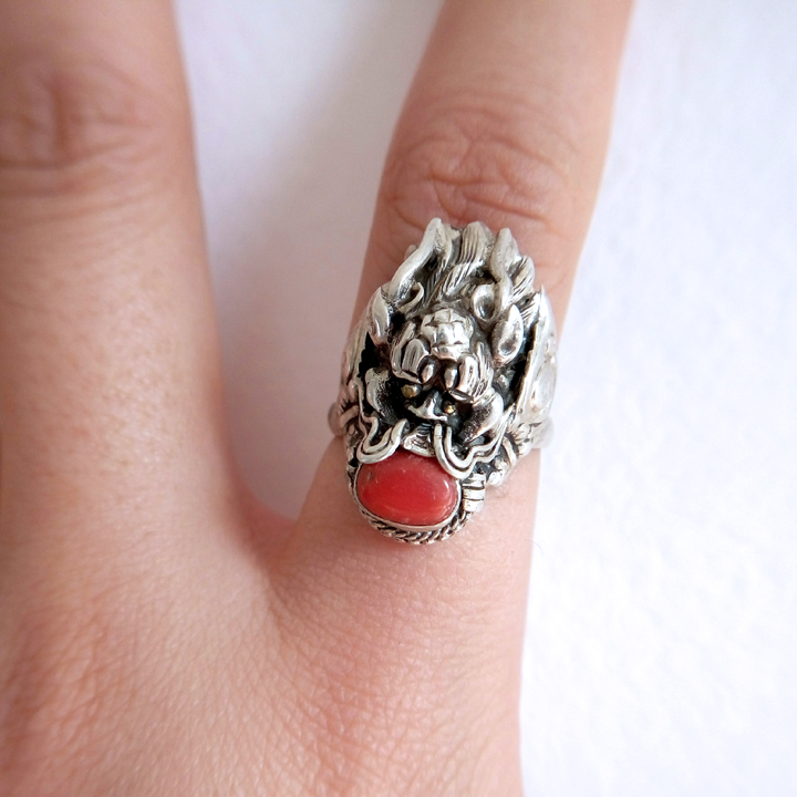 Nepal Handmade 925 Silver Red Coral Dragon Ring Nepal Handmade 925 Silver Red Coral Dragon Ring