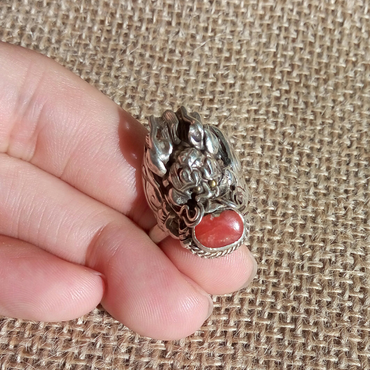 Nepal Handmade 925 Silver Red Coral Dragon Ring Nepal Handmade 925 Silver Red Coral Dragon Ring
