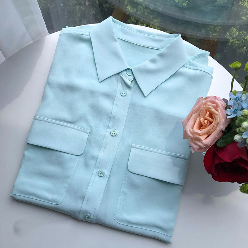 Women 100% Silk Solid Color Basic Simple Style Pockets Blouse Shirt Top